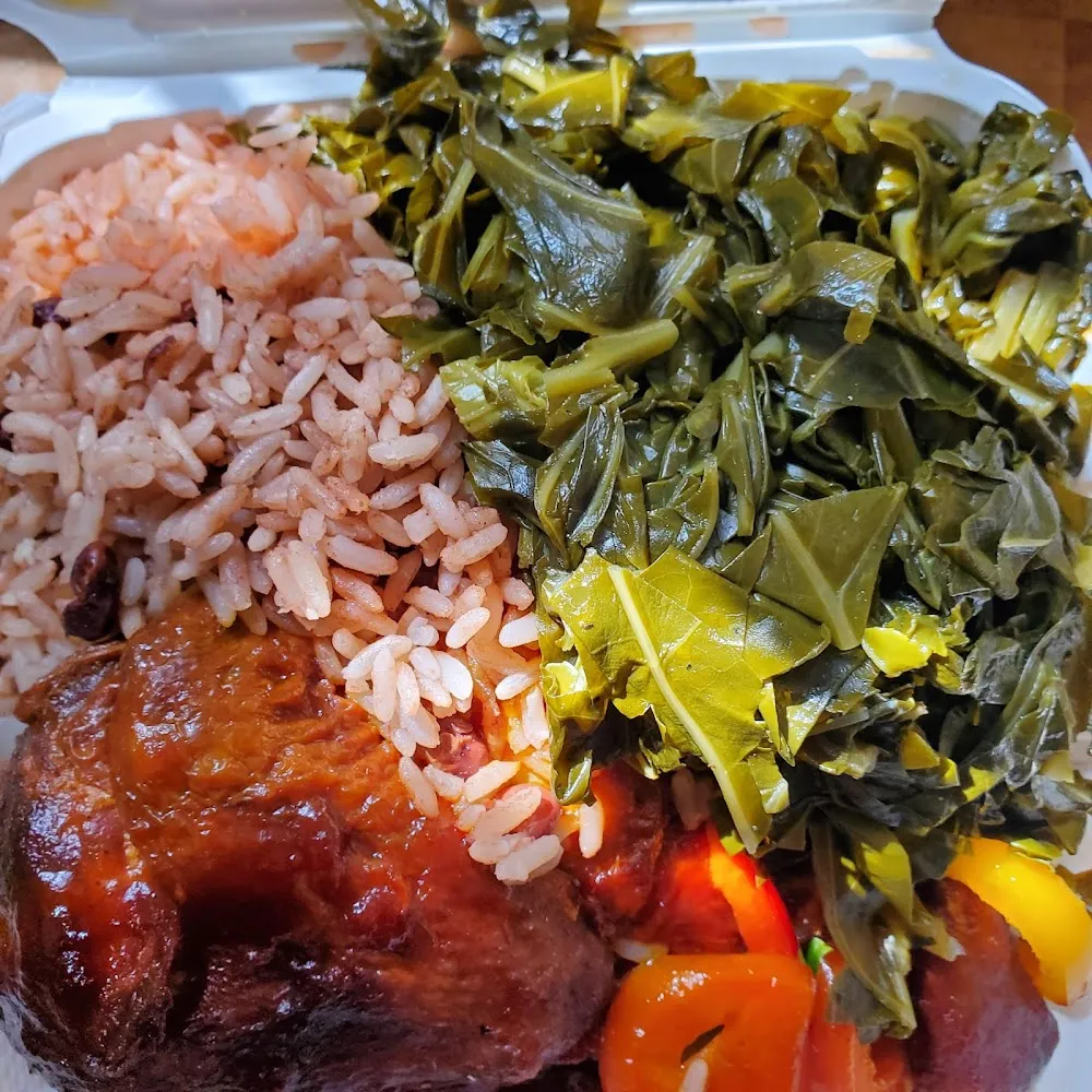 BBQ Chicken Collard Greens Rice and Peas